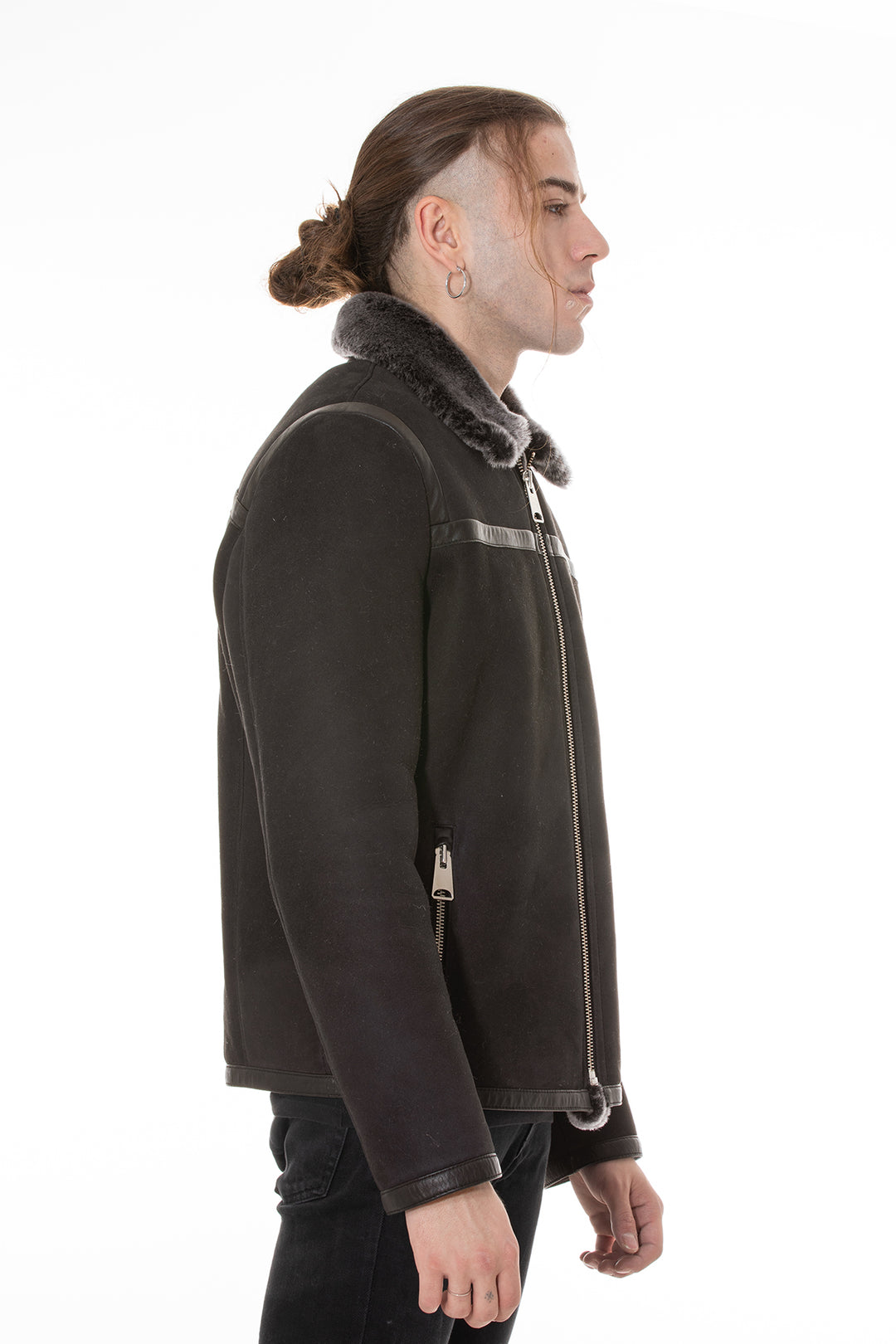 Men's Leather Banded Sheepskin Casual Jacket, Brown Suede with Brissa Wool