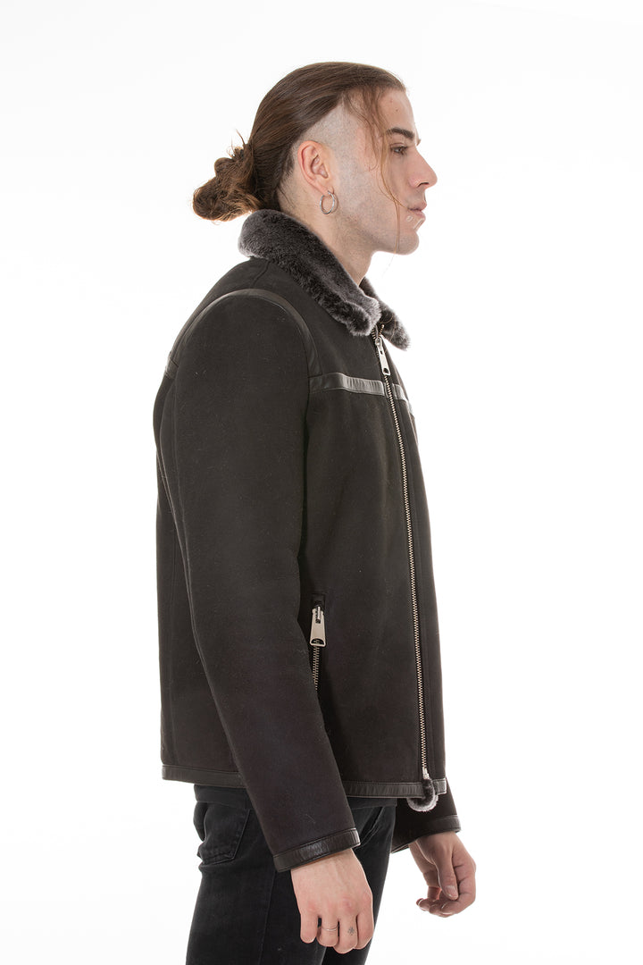 Men's Leather Banded Sheepskin Casual Jacket, Brown Suede with Brissa Wool