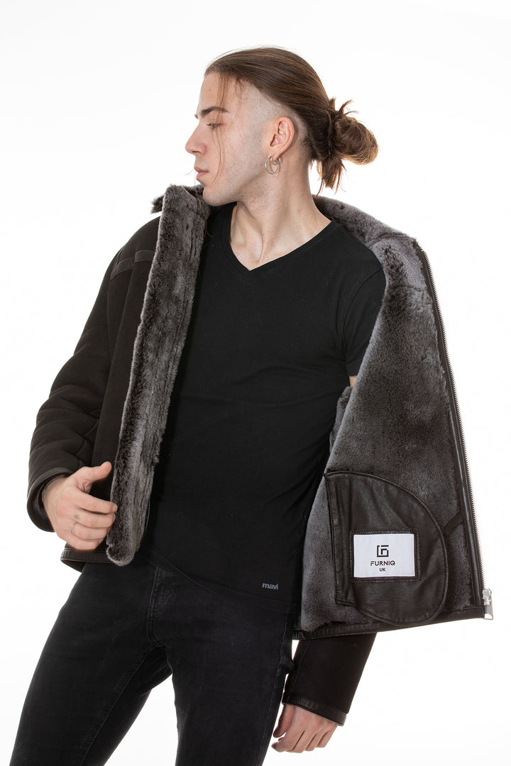 Men's Leather Banded Sheepskin Casual Jacket, Brown Suede with Brissa Wool
