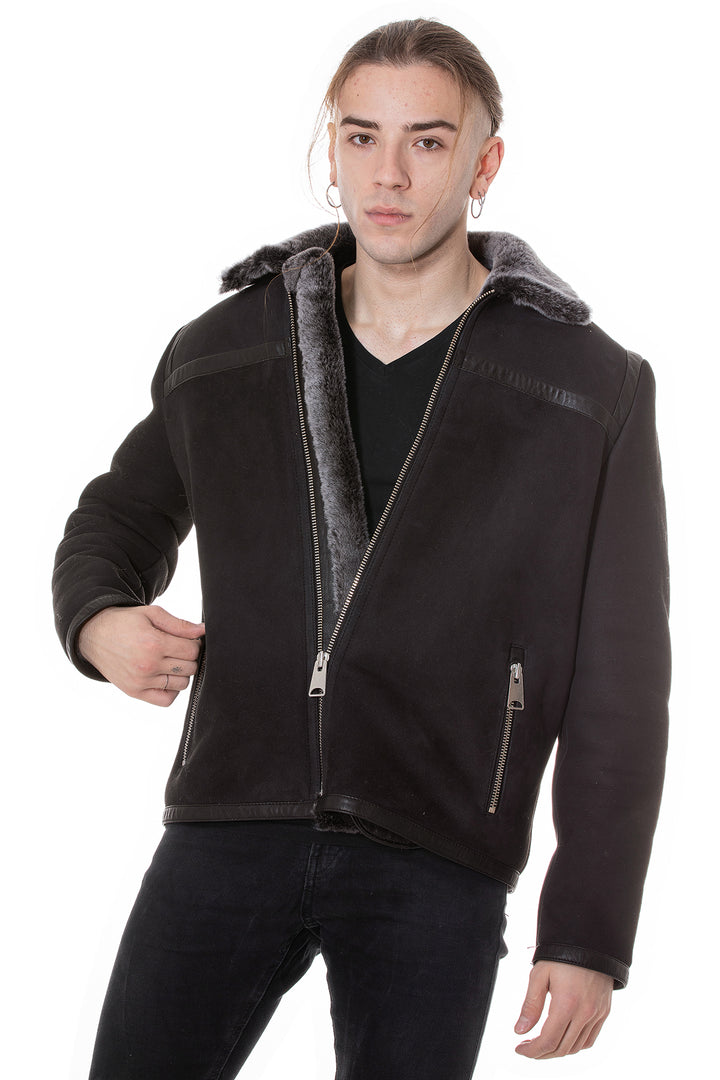 Men's Leather Banded Sheepskin Casual Jacket, Brown Suede with Brissa Wool
