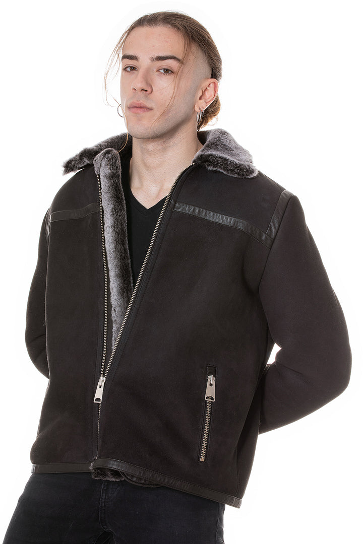 Men's Leather Banded Sheepskin Casual Jacket, Brown Suede with Brissa Wool
