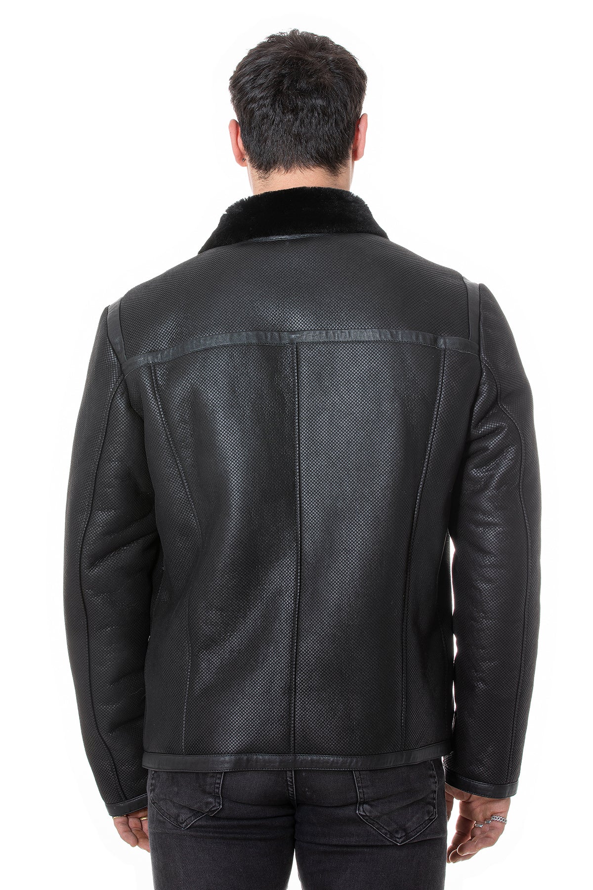 Men's Leather Banded Sheepskin Casual Jacket, Geo Pattern Suede with Black Wool