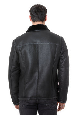 Image of Men's Leather Banded Sheepskin Casual Jacket, Geo Pattern Suede with Black Wool