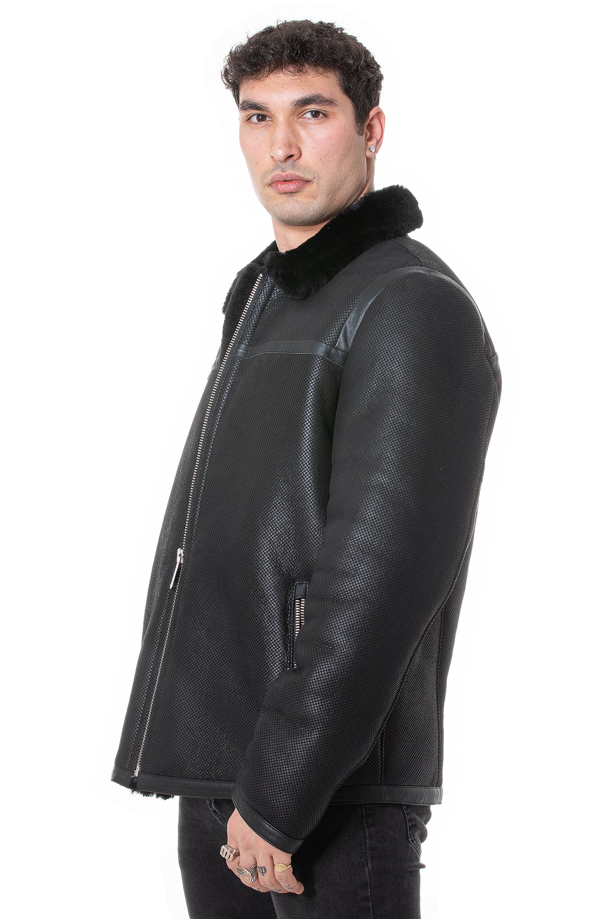 Men's Leather Banded Sheepskin Casual Jacket, Geo Pattern Suede with Black Wool