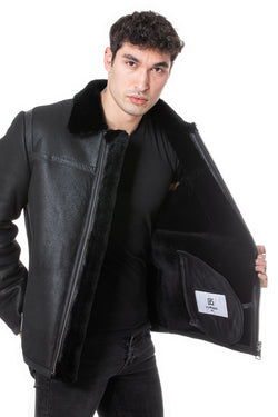 Image of Men's Leather Banded Sheepskin Casual Jacket, Geo Pattern Suede with Black Wool