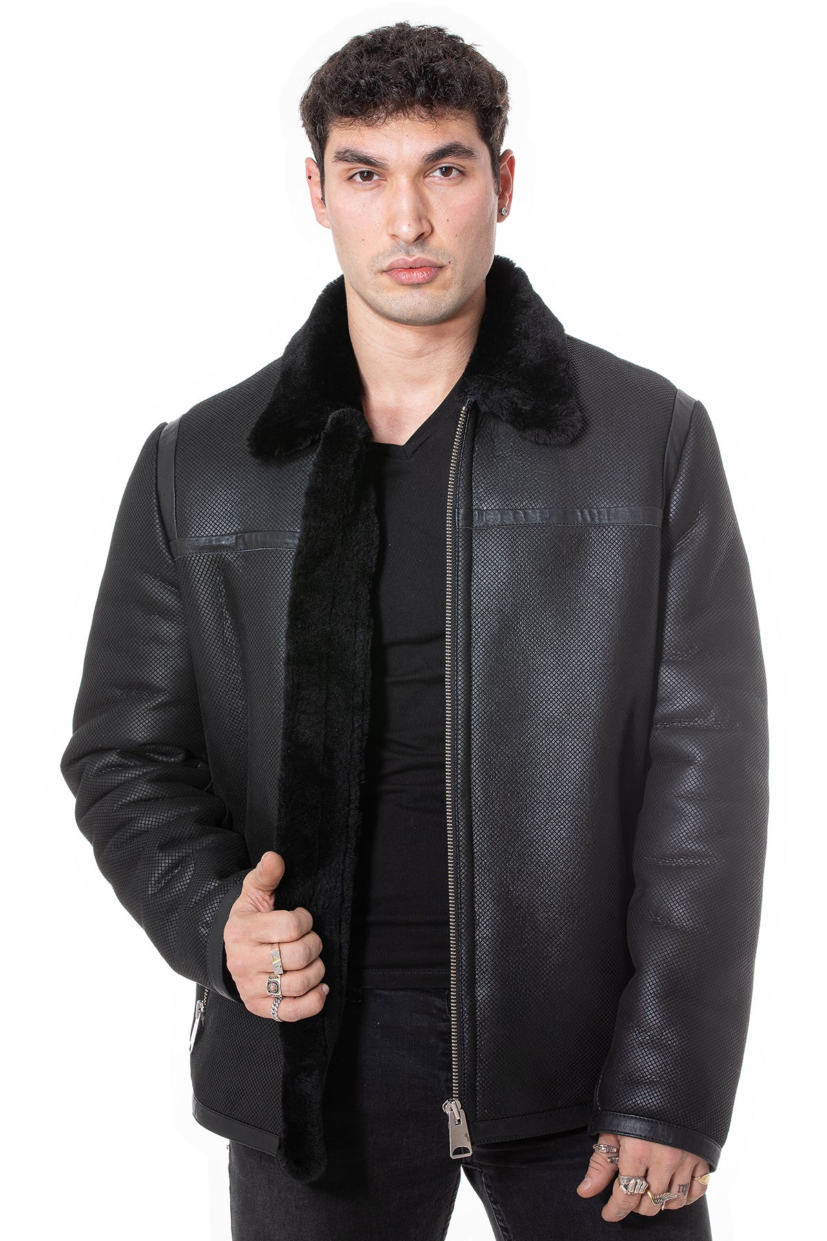 Men's Leather Banded Sheepskin Casual Jacket, Geo Pattern Suede with Black Wool