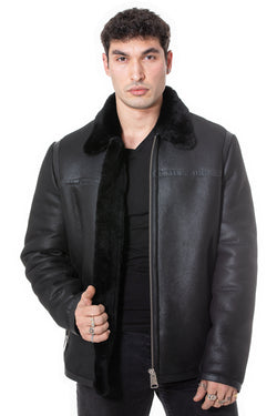 Image of Men's Leather Banded Sheepskin Casual Jacket, Geo Pattern Suede with Black Wool