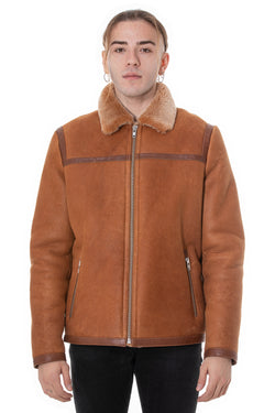 Image of Men's Leather Banded Sheepskin Casual Jacket, Washed Tan with Brissa Wool