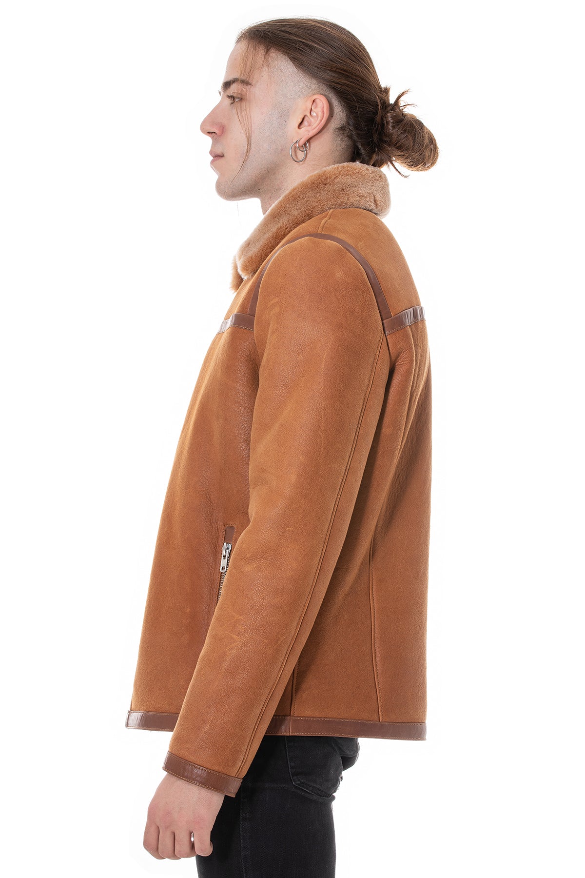 Men's Leather Banded Sheepskin Casual Jacket, Washed Tan with Brissa Wool