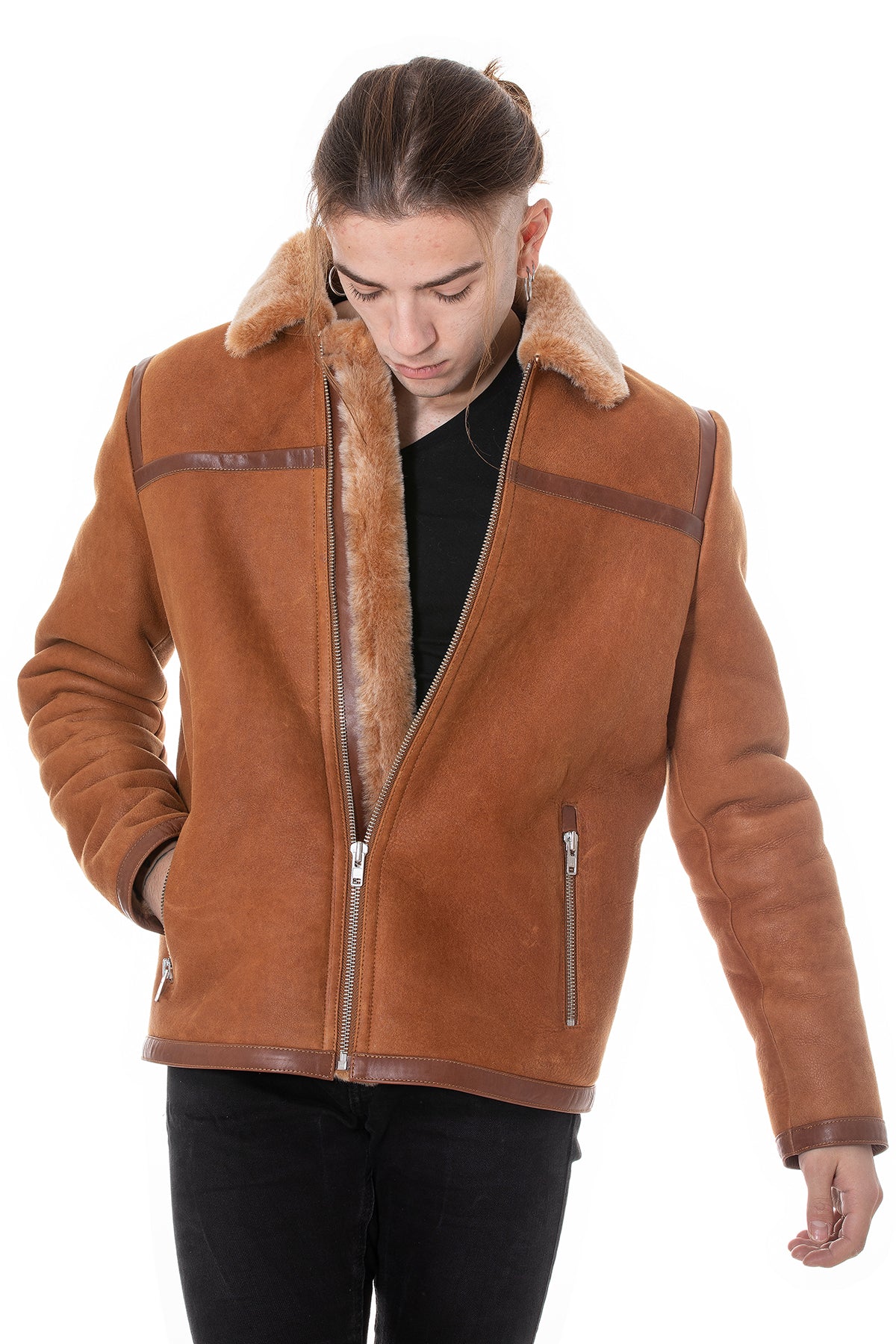 Men's Leather Banded Sheepskin Casual Jacket, Washed Tan with Brissa Wool