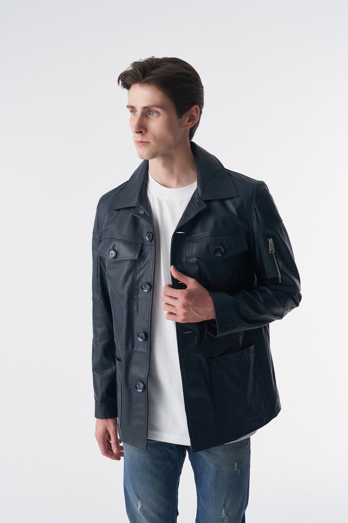 Genuine Leather Safari Coat, Navy