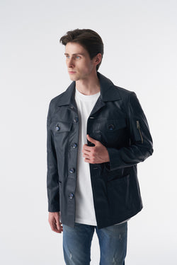 Image of Genuine Leather Safari Coat, Navy