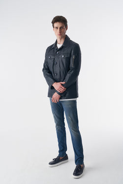 Image of Genuine Leather Safari Coat, Navy