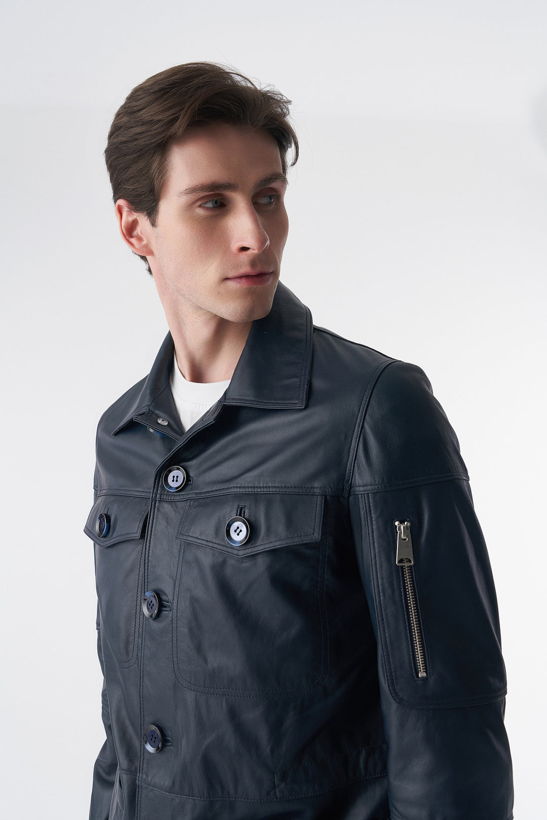 Genuine Leather Safari Coat, Navy