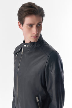 Image of Genuine Leather Snap Detail Jacket, Black