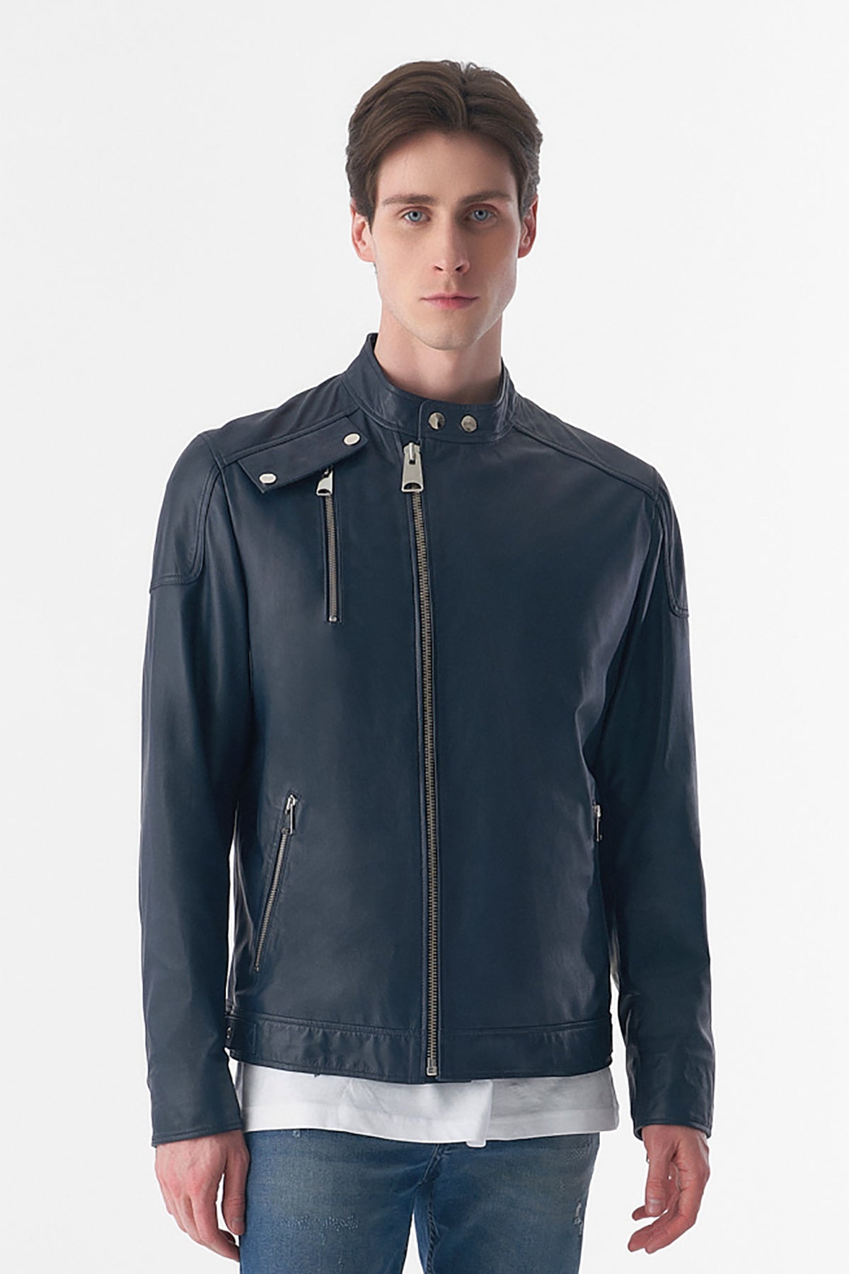 Genuine Leather Snap Detail Jacket, Navy