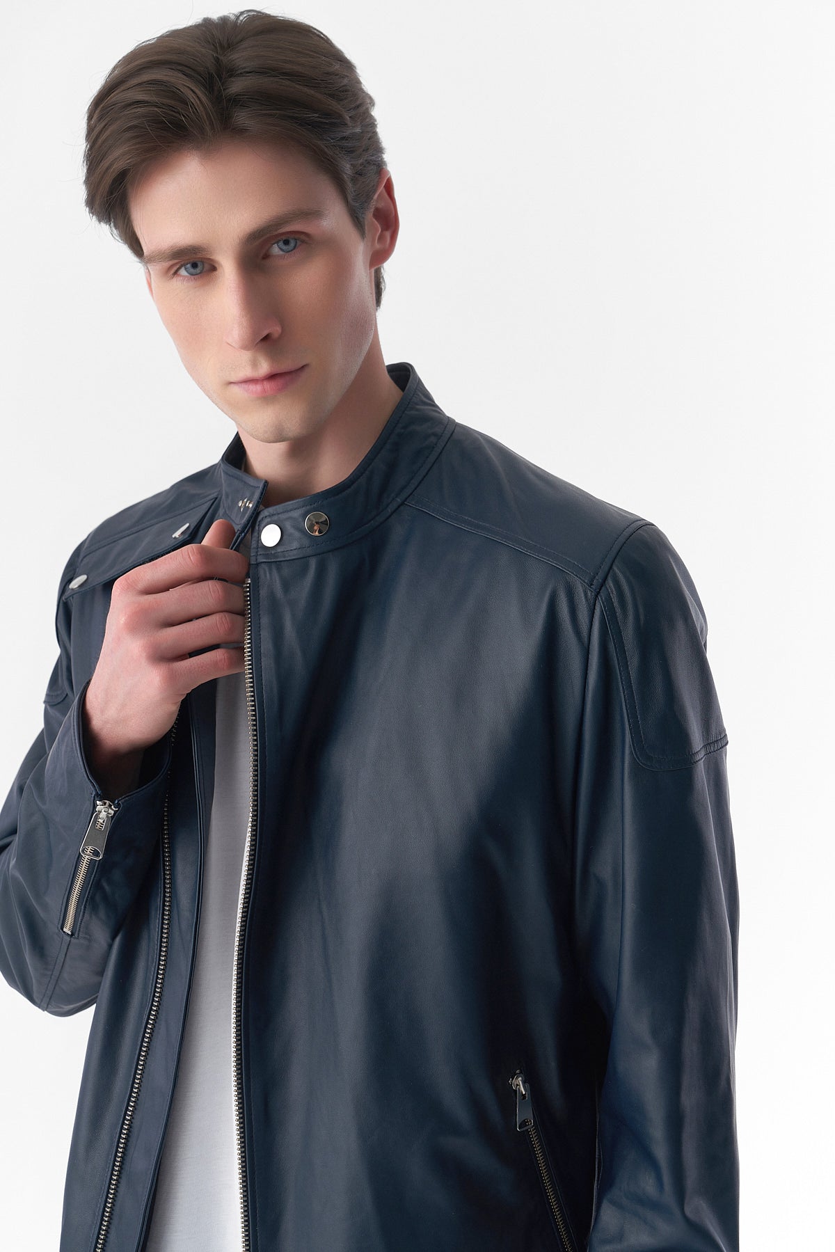 Genuine Leather Snap Detail Jacket, Navy