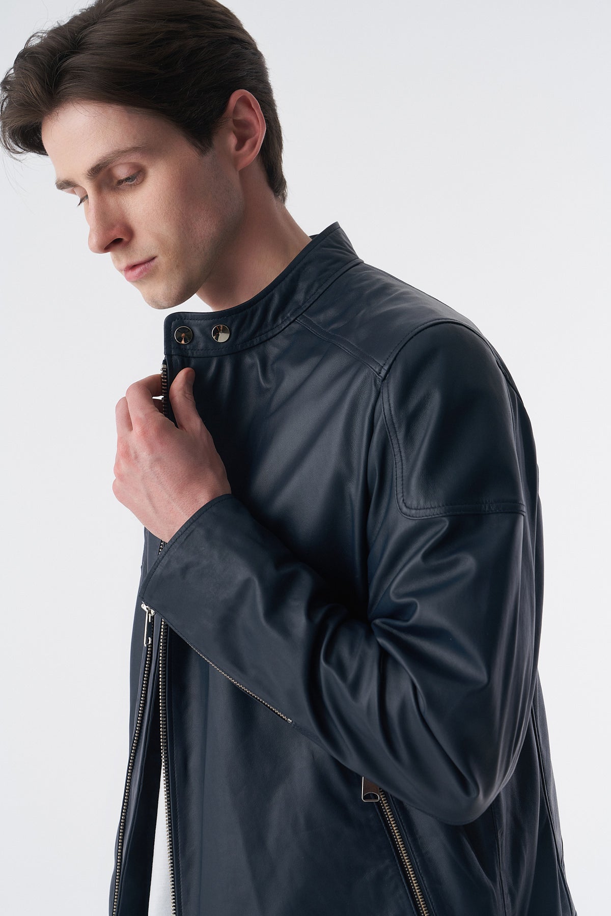 Genuine Leather Snap Detail Jacket, Navy