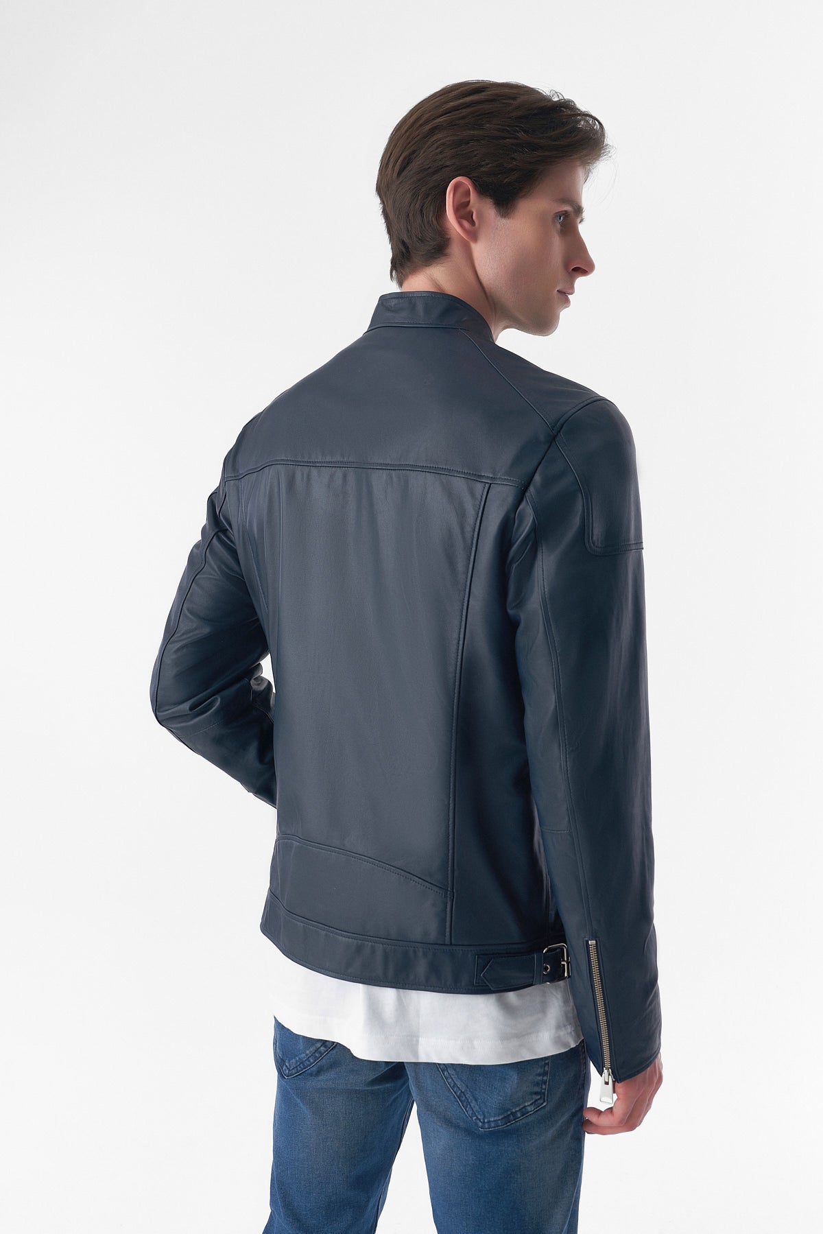 Genuine Leather Snap Detail Jacket, Navy