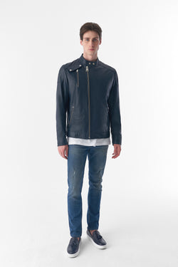 Image of Genuine Leather Snap Detail Jacket, Navy