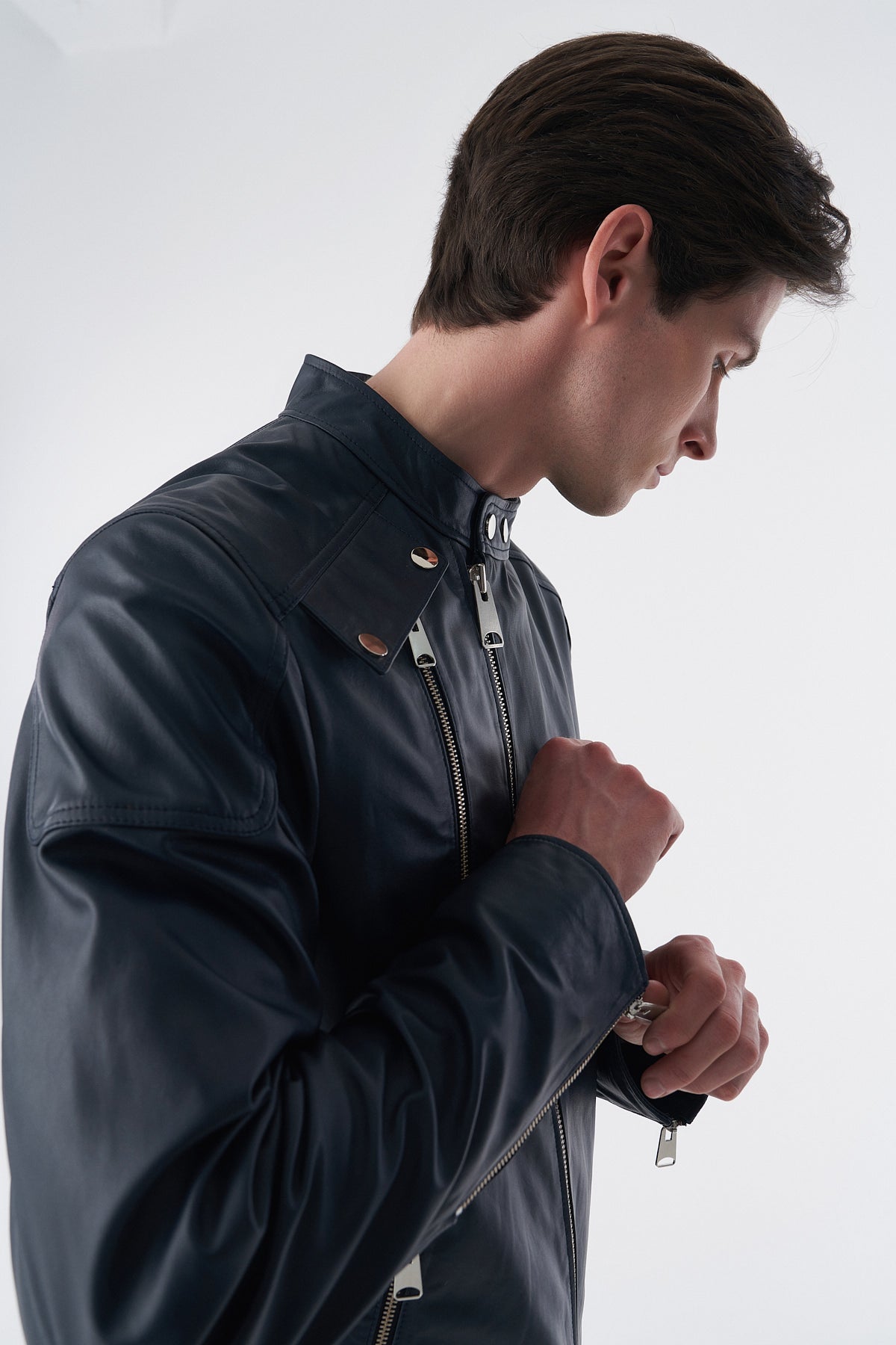 Genuine Leather Snap Detail Jacket, Navy