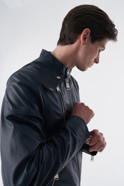 Image of Genuine Leather Snap Detail Jacket, Navy