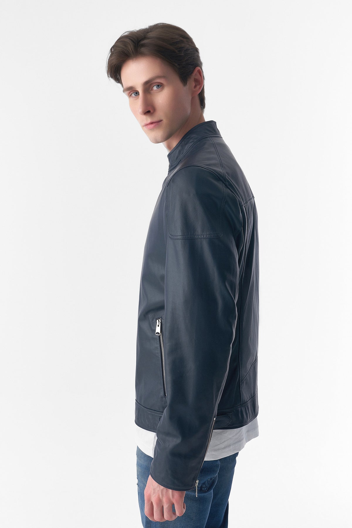 Genuine Leather Snap Detail Jacket, Navy