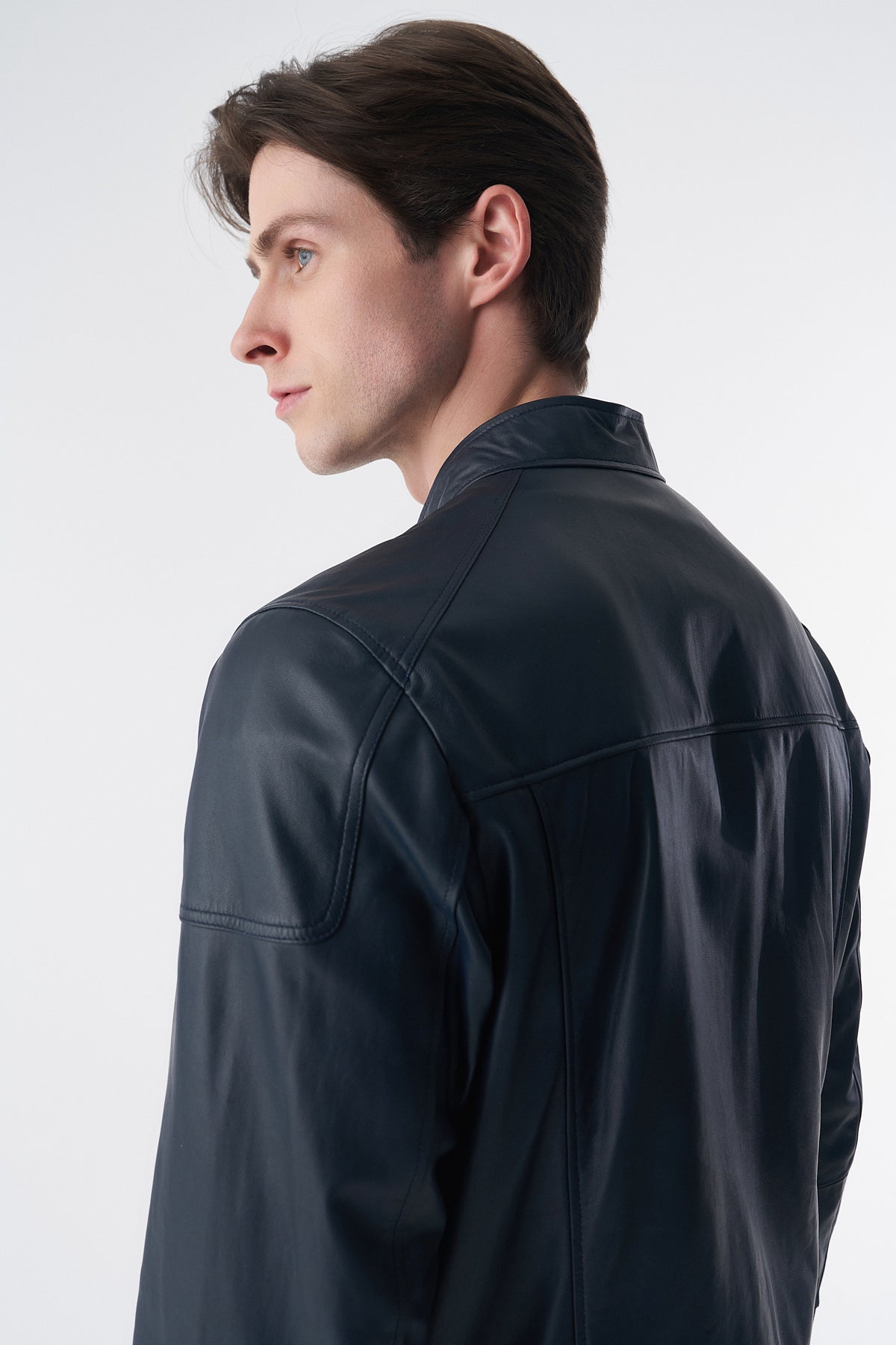 Genuine Leather Snap Detail Jacket, Navy