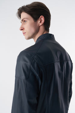 Image of Genuine Leather Snap Detail Jacket, Navy