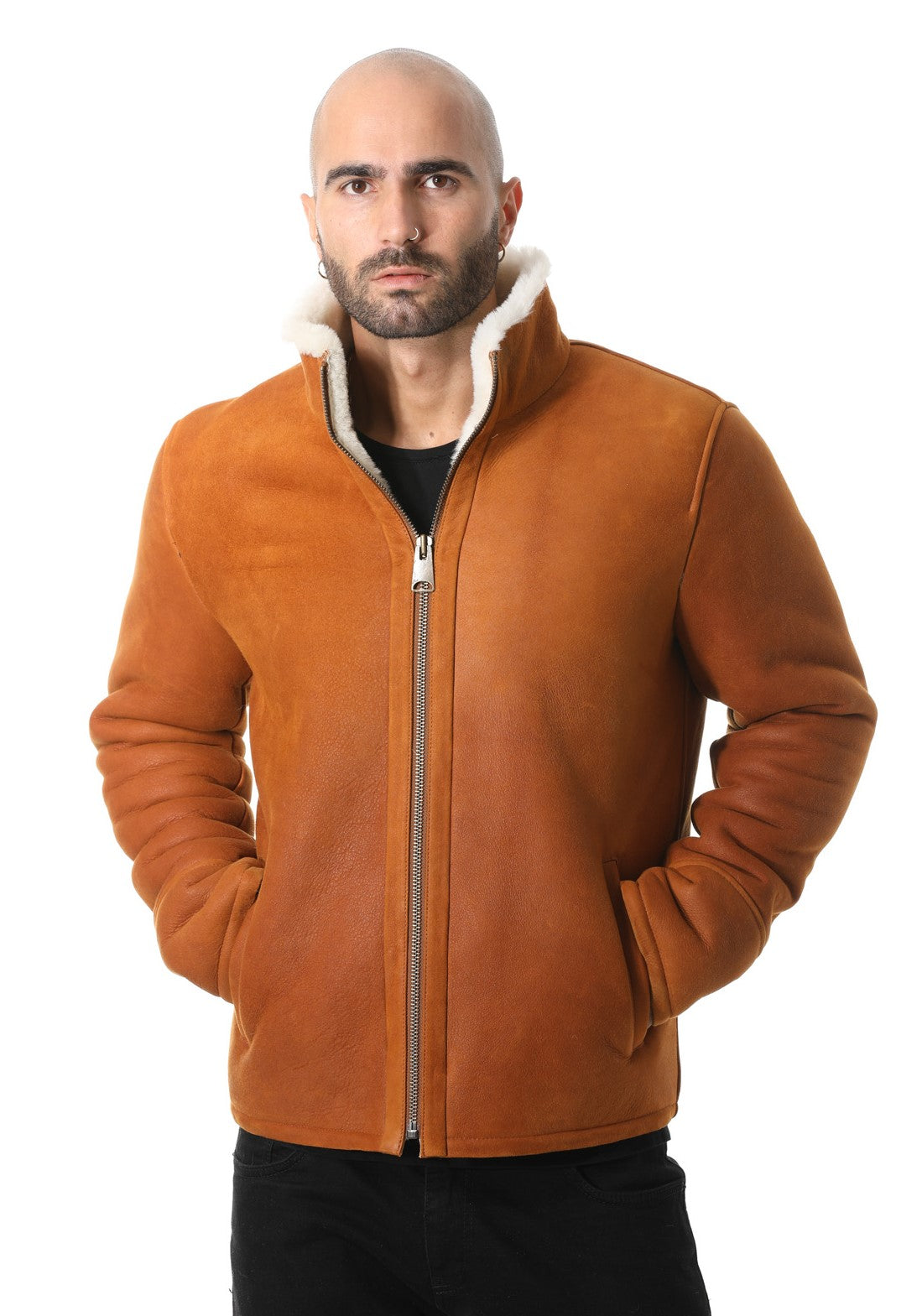 Men's Shearling Casual Jacket, Washed Tan with White Wool