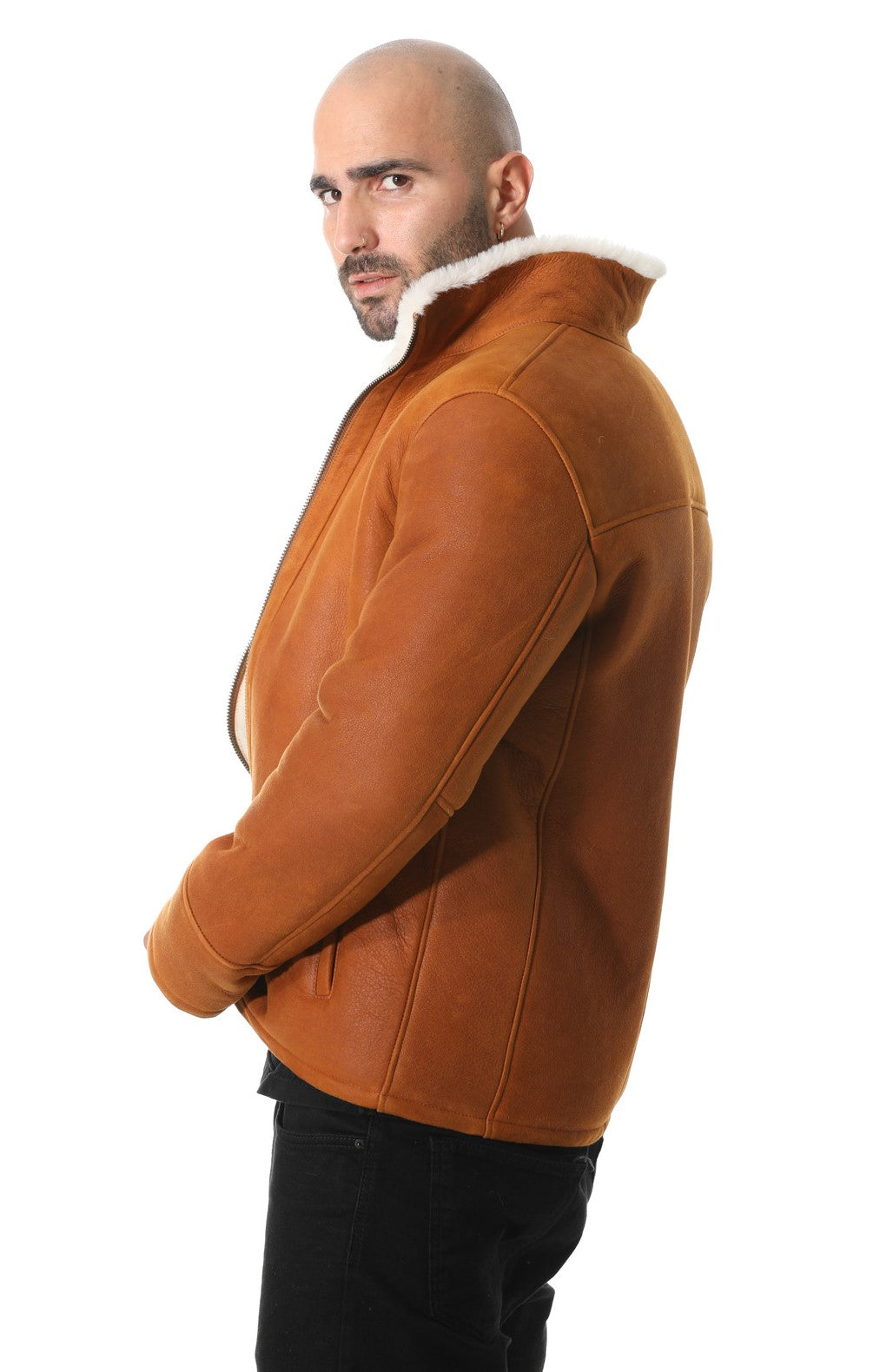 Men's Shearling Casual Jacket, Washed Tan with White Wool