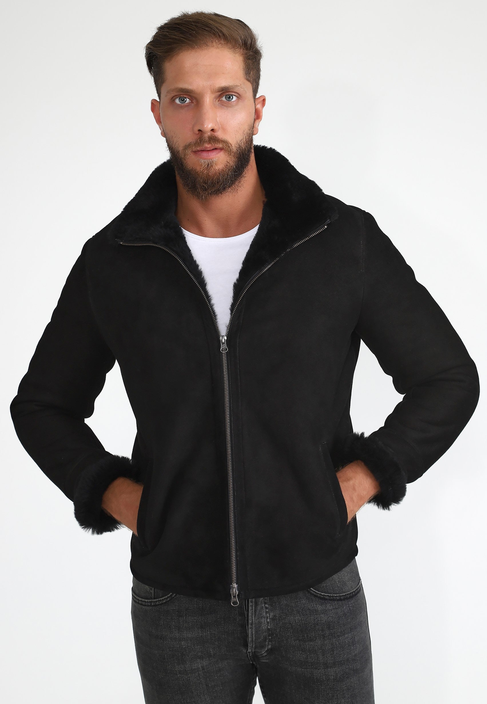 Men's Shearling Casual Jacket, Black Suede with Black Wool