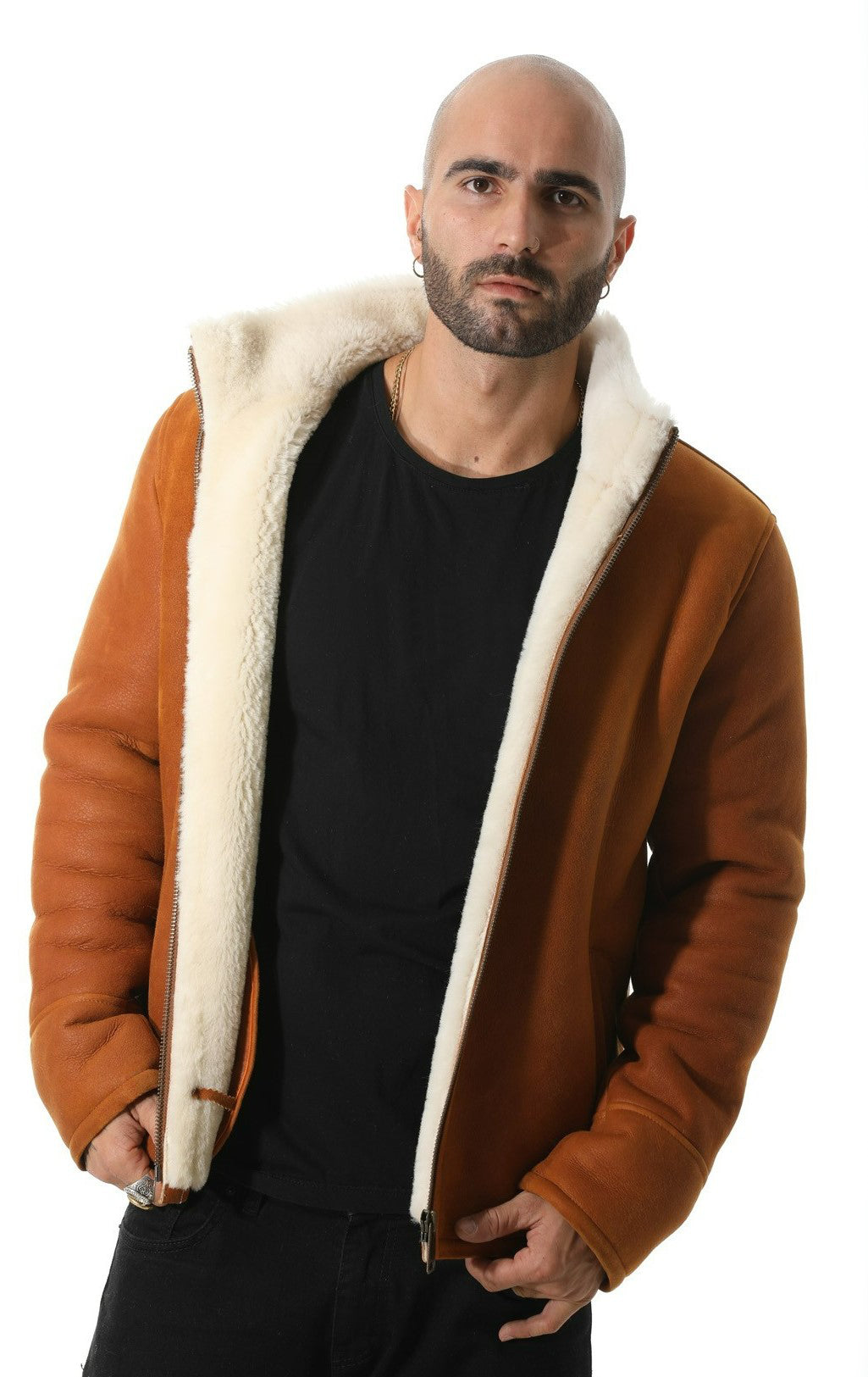 Men's Shearling Casual Jacket, Washed Tan with White Wool