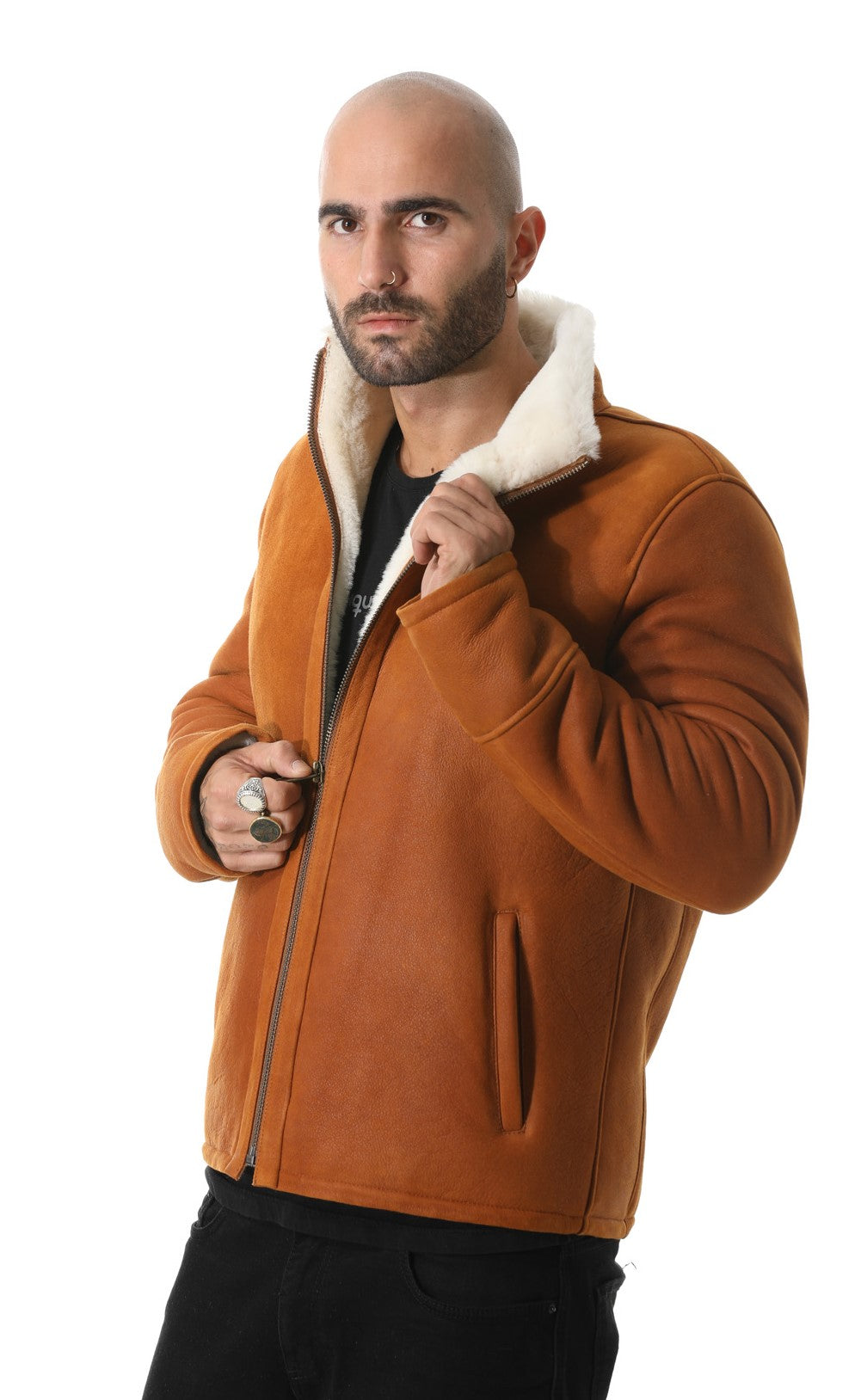 Men's Shearling Casual Jacket, Washed Tan with White Wool