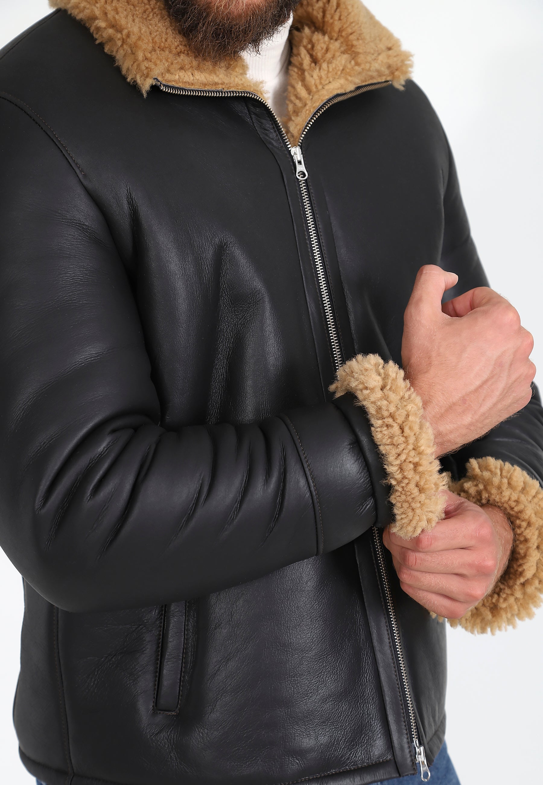 Men's Shearling Casual Jacket, Silky Brown with Ginger Curly Wool