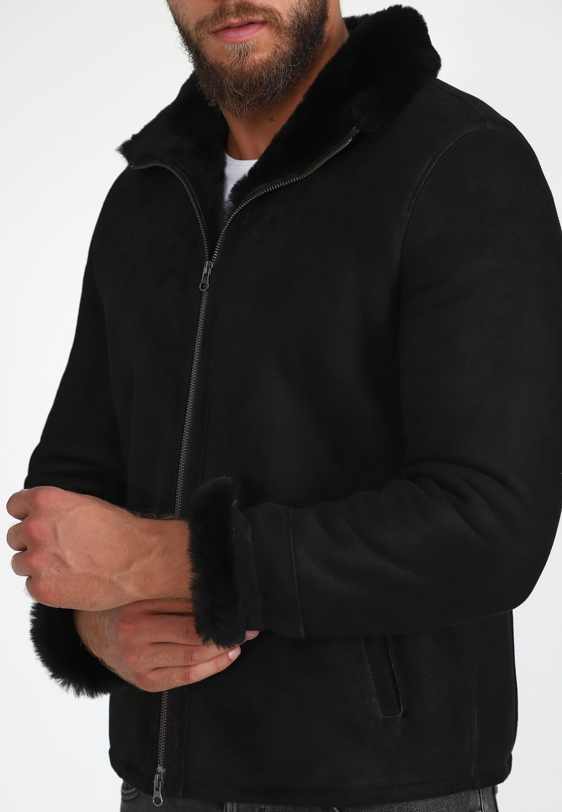 Men's Shearling Casual Jacket, Black Suede with Black Wool