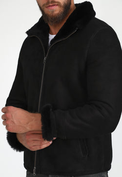 Image of Men's Shearling Casual Jacket, Black Suede with Black Wool