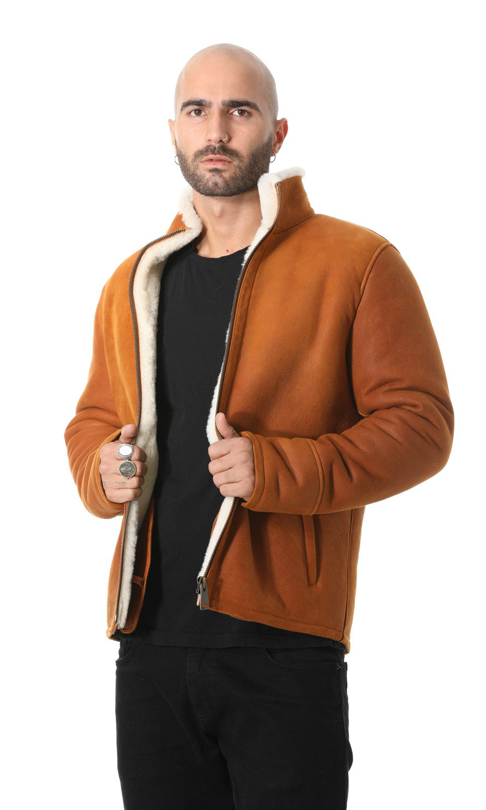 Men's Shearling Casual Jacket, Washed Tan with White Wool