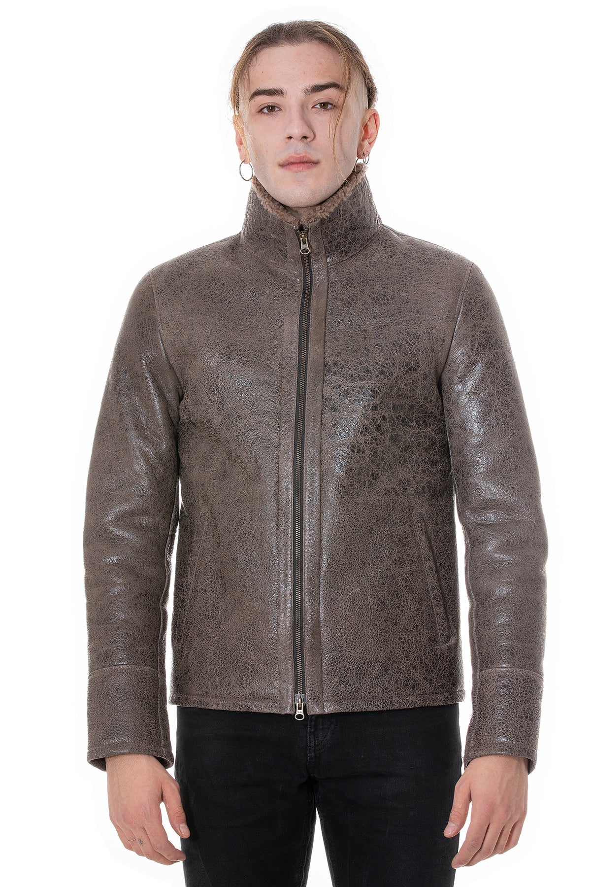 Men's Shearling Casual Jacket, Cracked Cashmere with Cashmere Curly Wool