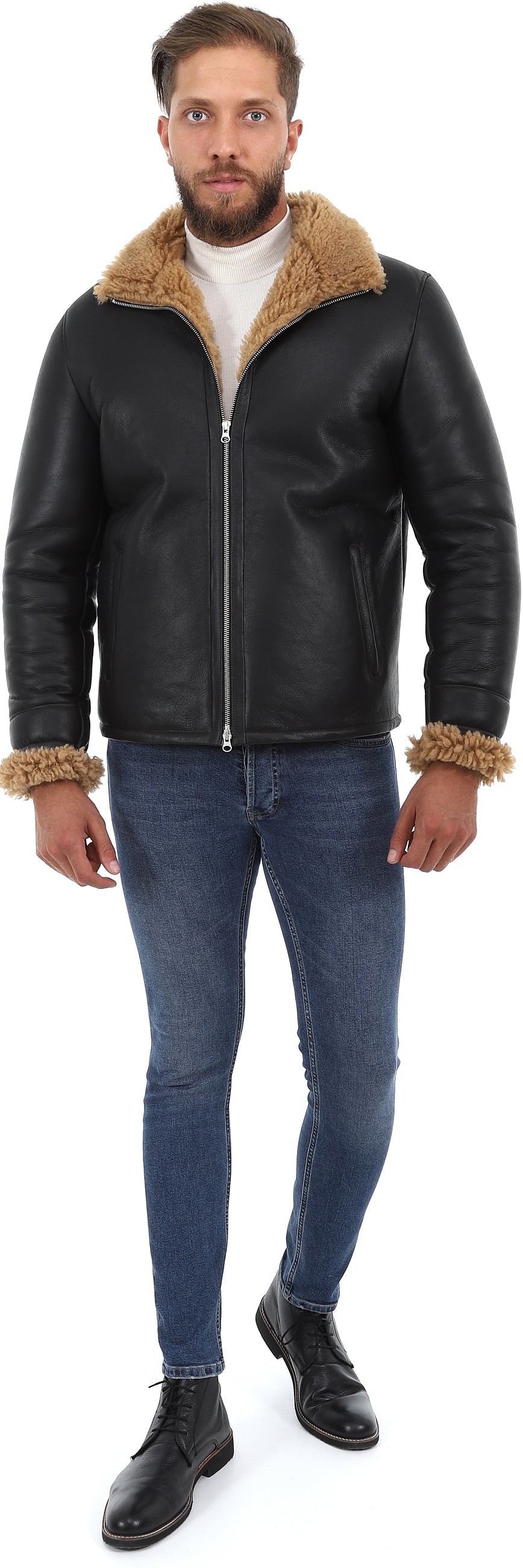 Mens Shearling Pilot Jacket - Silky Brown - Ginger Curly Wool - 3