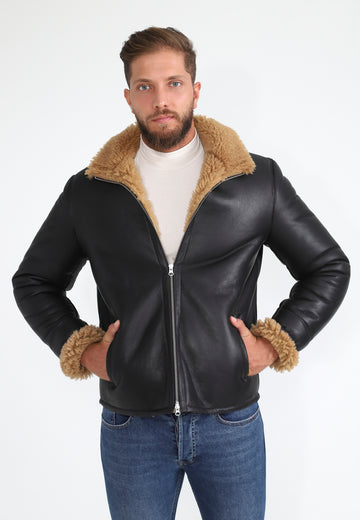 Mens Shearling Pilot Jacket - Silky Brown - Ginger Curly Wool - 4