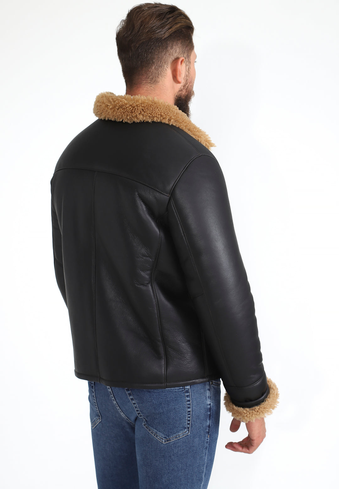 Mens Shearling Pilot Jacket - Silky Brown - Ginger Curly Wool - 5