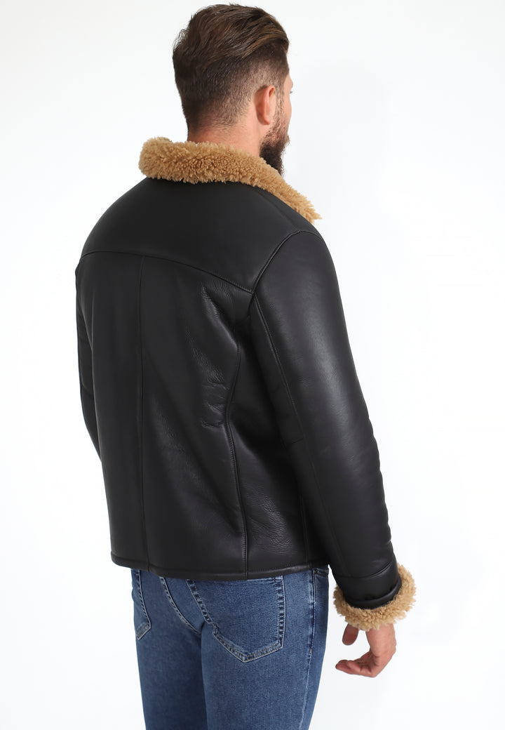 Mens Shearling Pilot Jacket - Silky Brown - Ginger Curly Wool - 5