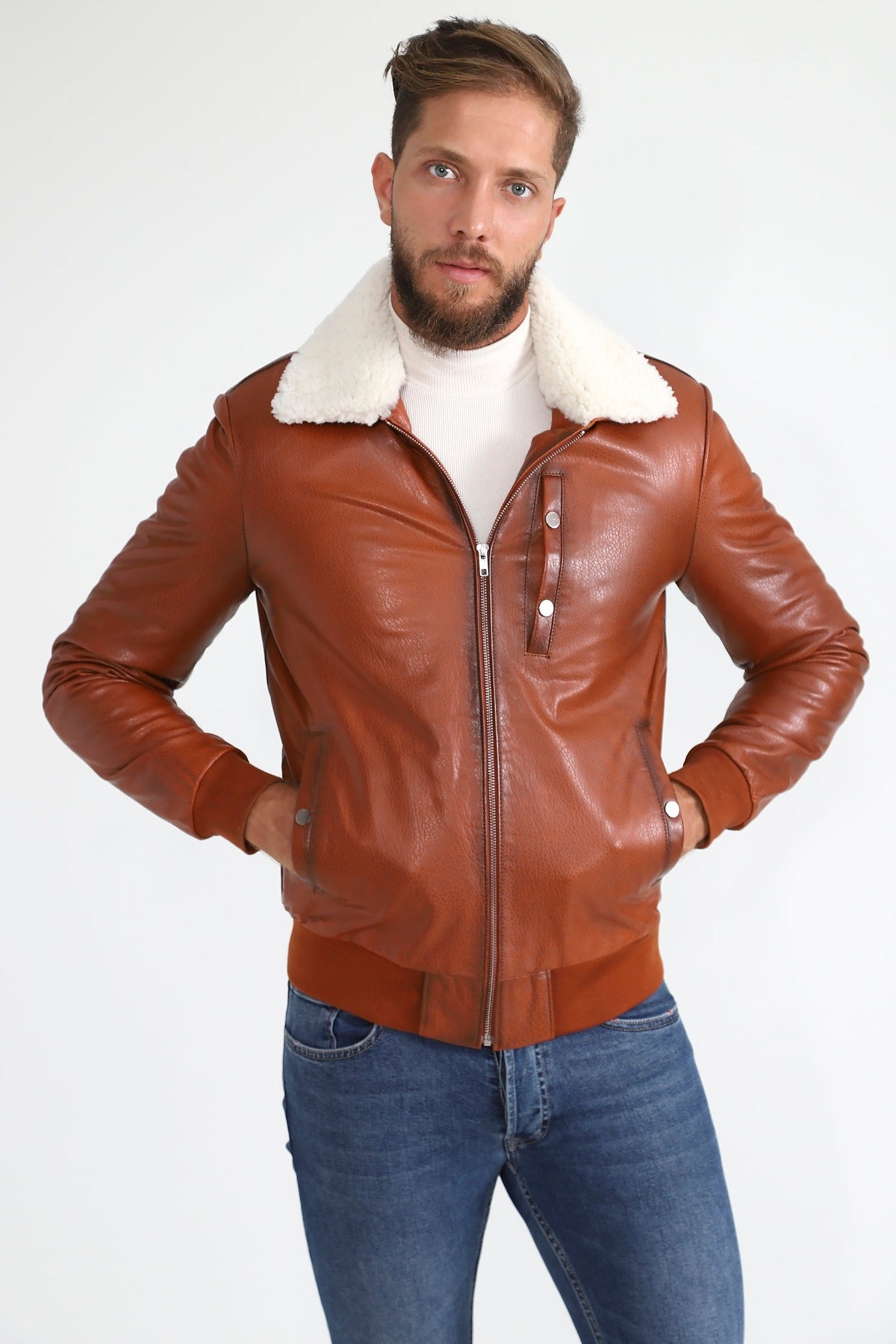 Men's Genuine Leather Bomber Jacket with Shearling Lining, Tan Nappa and White Curly Wool