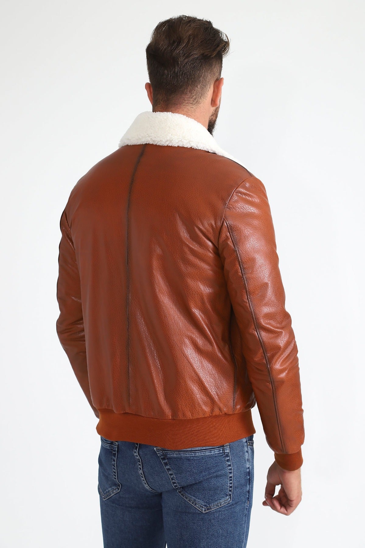 Men's Genuine Leather Bomber Jacket with Shearling Lining, Tan Nappa and White Curly Wool