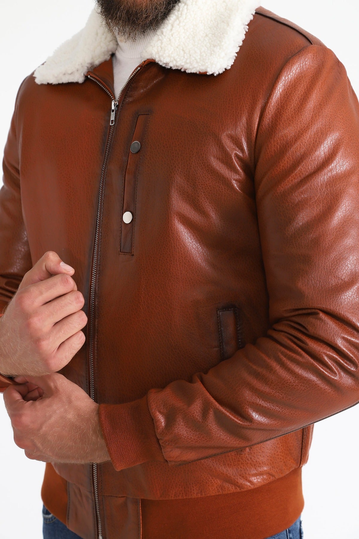 Men's Genuine Leather Bomber Jacket with Shearling Lining, Tan Nappa and White Curly Wool