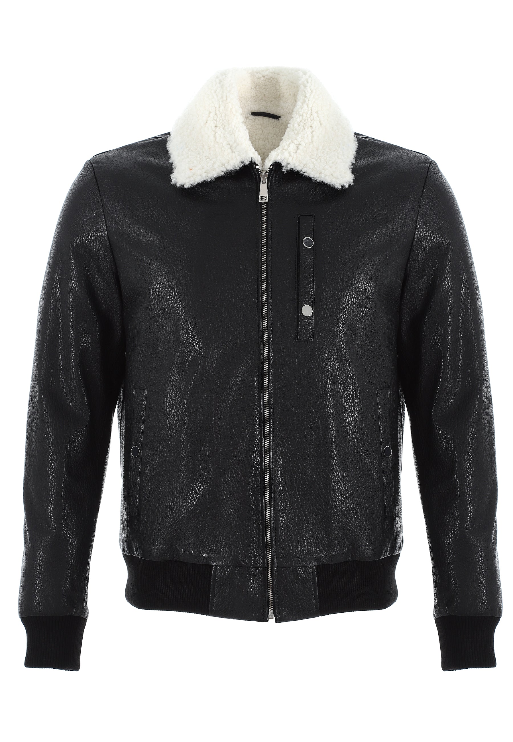 Men's Genuine Leather Bomber Jacket with Shearling Lining, Black Nappa and White Curly Wool