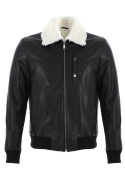 Image of Men's Genuine Leather Bomber Jacket with Shearling Lining, Black Nappa and White Curly Wool