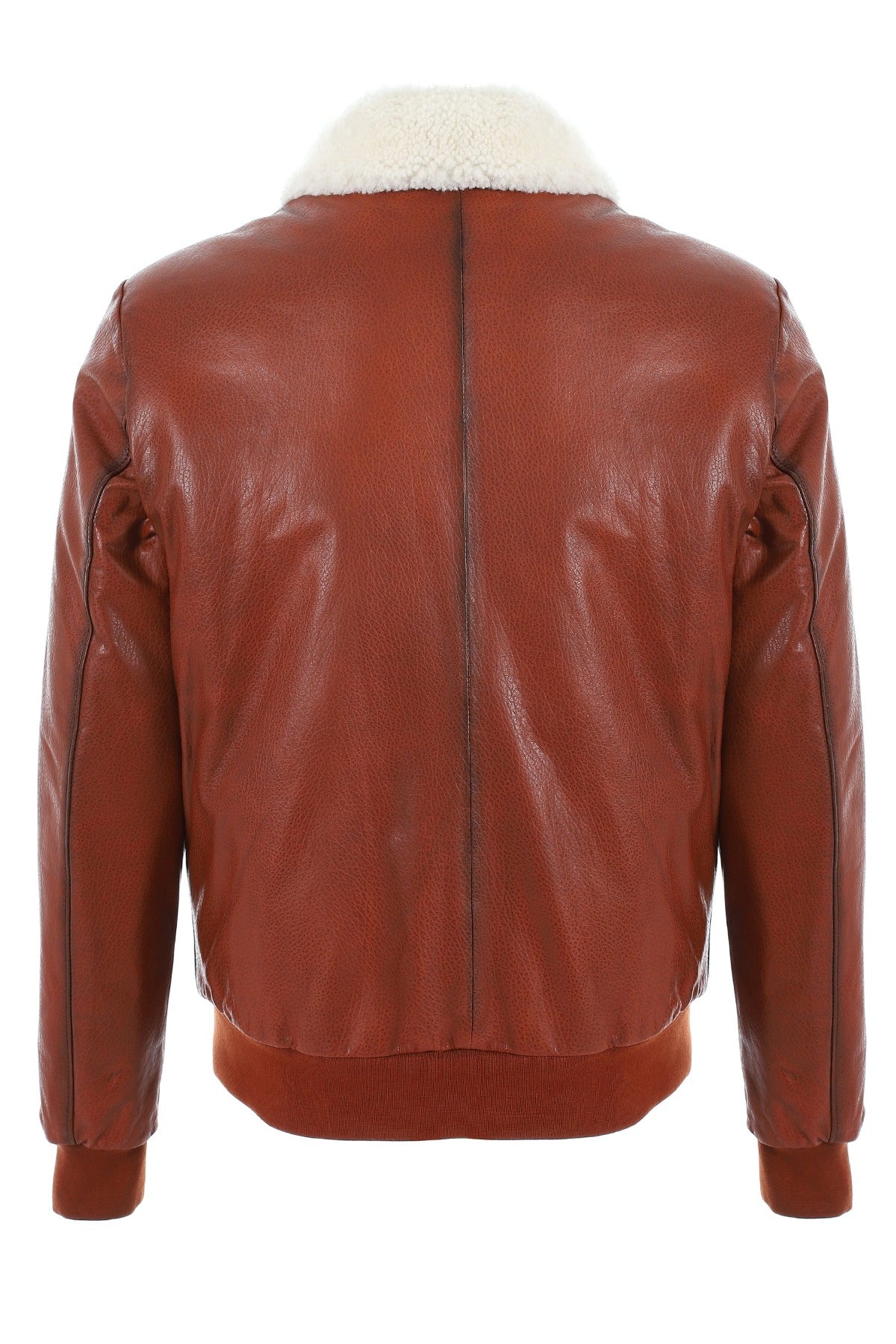 Men's Genuine Leather Bomber Jacket with Shearling Lining, Tan Nappa and White Curly Wool