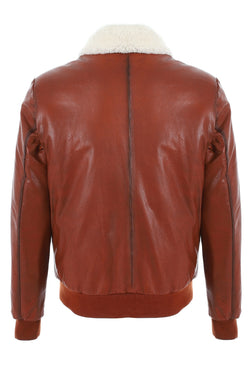 Image of Men's Genuine Leather Bomber Jacket with Shearling Lining, Tan Nappa and White Curly Wool